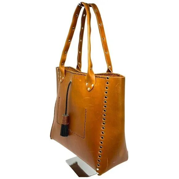 Jaxy Blue Medium Leather Tote Bag Brown Handmade Studded Western Tassel Pocket - Picture 8 of 14